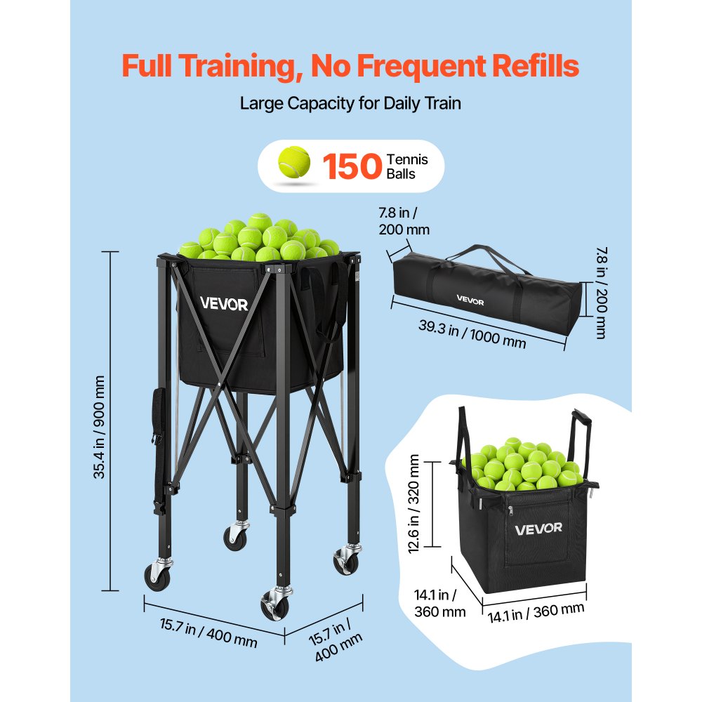VEVOR Tennis Ball Hopper, Holds 150 Tennis Balls, Foldable Pickleball Basket Cart with Wheels for Easy Pick Up, Lightweight Aluminum Alloy, Portable Pickleball Caddy with Storage Bag, for Training