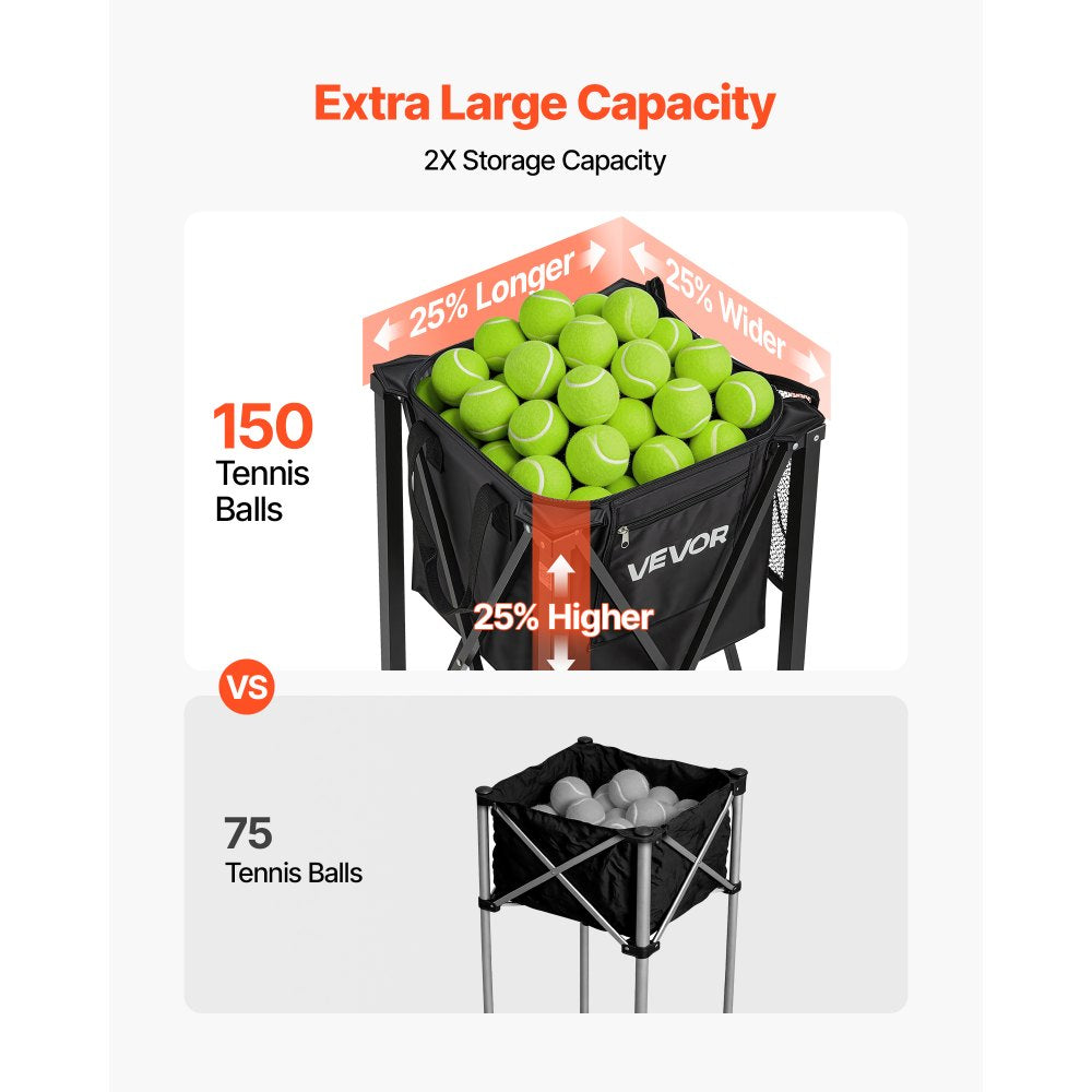 VEVOR Tennis Ball Hopper, Holds 150 Tennis Balls, Foldable Pickleball Basket Cart with Wheels for Easy Pick Up, Lightweight Aluminum Alloy, Portable Pickleball Caddy with Storage Bag, for Training