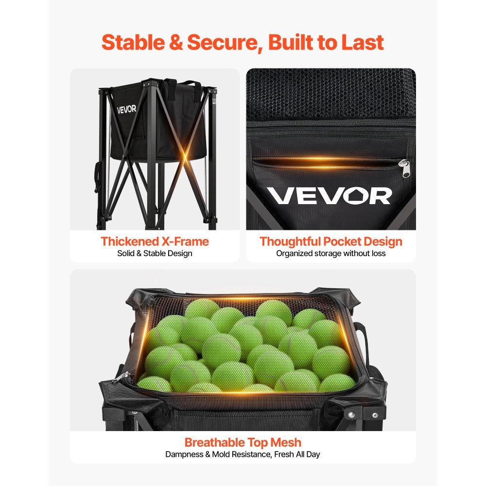 VEVOR Tennis Ball Hopper, Holds 150 Tennis Balls, Foldable Pickleball Basket Cart with Wheels for Easy Pick Up, Lightweight Aluminum Alloy, Portable Pickleball Caddy with Storage Bag, for Training
