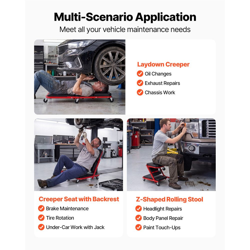 VEVOR 36 in 3-in-1 Folding Mechanic Creeper, Z-Creeper Garage Roller, 340 lbs Under Car Rolling Creeper with 6 Swivel Casters, Padded Headrest, Lay Down or Sit for Auto Repair