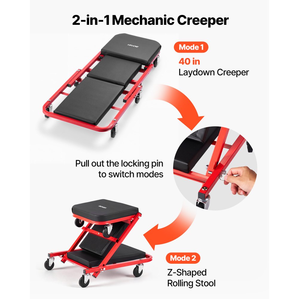 VEVOR 40 in 2-in-1 Folding Mechanic Creeper, Z Creeper Seat & Under Car Garage Roller, 450 lbs Rolling Creeper Stool with 6 Swivel Casters, Padded Headrest for Auto Repair