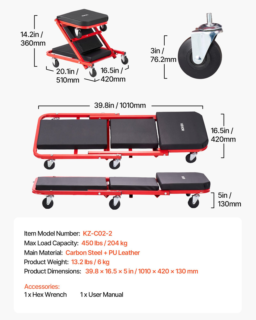 VEVOR 40 in 2-in-1 Folding Mechanic Creeper, Z Creeper Seat & Under Car Garage Roller, 450 lbs Rolling Creeper Stool with 6 Swivel Casters, Padded Headrest for Auto Repair