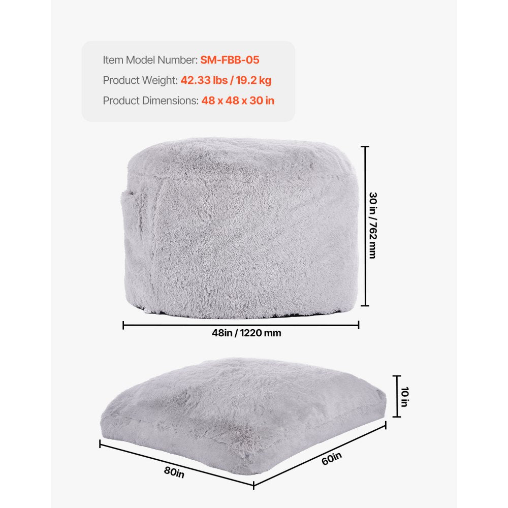 VEVOR Bean Bag Bed Chair, Convertible Chair from BeanBag to Lounge or Mattress, Gaint Bean Bag Chair Bed with Washable Cover for Adults, Fluffy Plush, Foam Filling and Side Pocket, Grey(Queen Size)