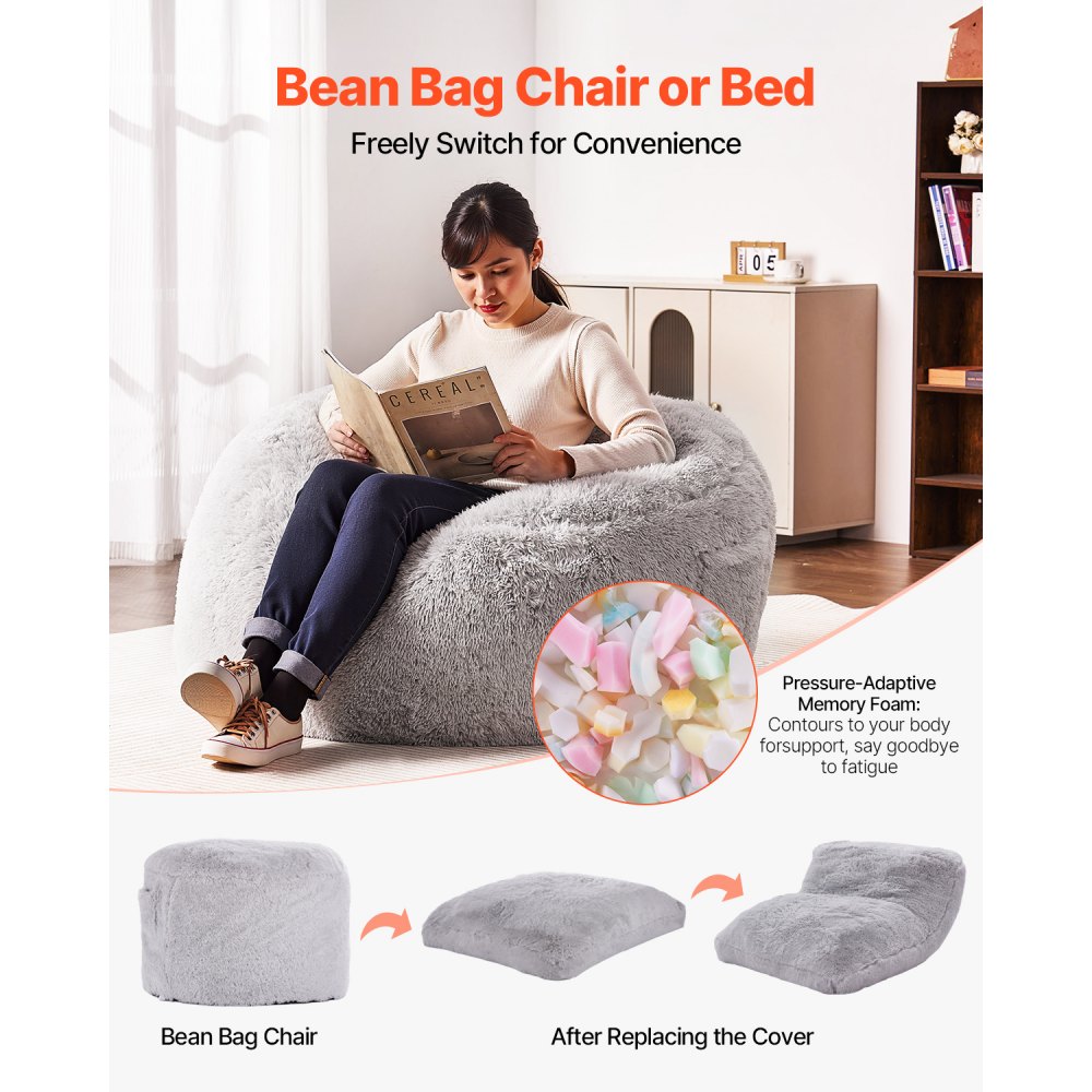 VEVOR Bean Bag Bed Chair, Convertible Chair from BeanBag to Lounge or Mattress, Gaint Bean Bag Chair Bed with Washable Cover for Adults, Fluffy Plush, Foam Filling and Side Pocket, Grey(Queen Size)