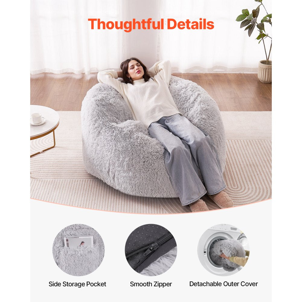 VEVOR Bean Bag Bed Chair, Convertible Chair from BeanBag to Lounge or Mattress, Gaint Bean Bag Chair Bed with Washable Cover for Adults, Fluffy Plush, Foam Filling and Side Pocket, Grey(Queen Size)