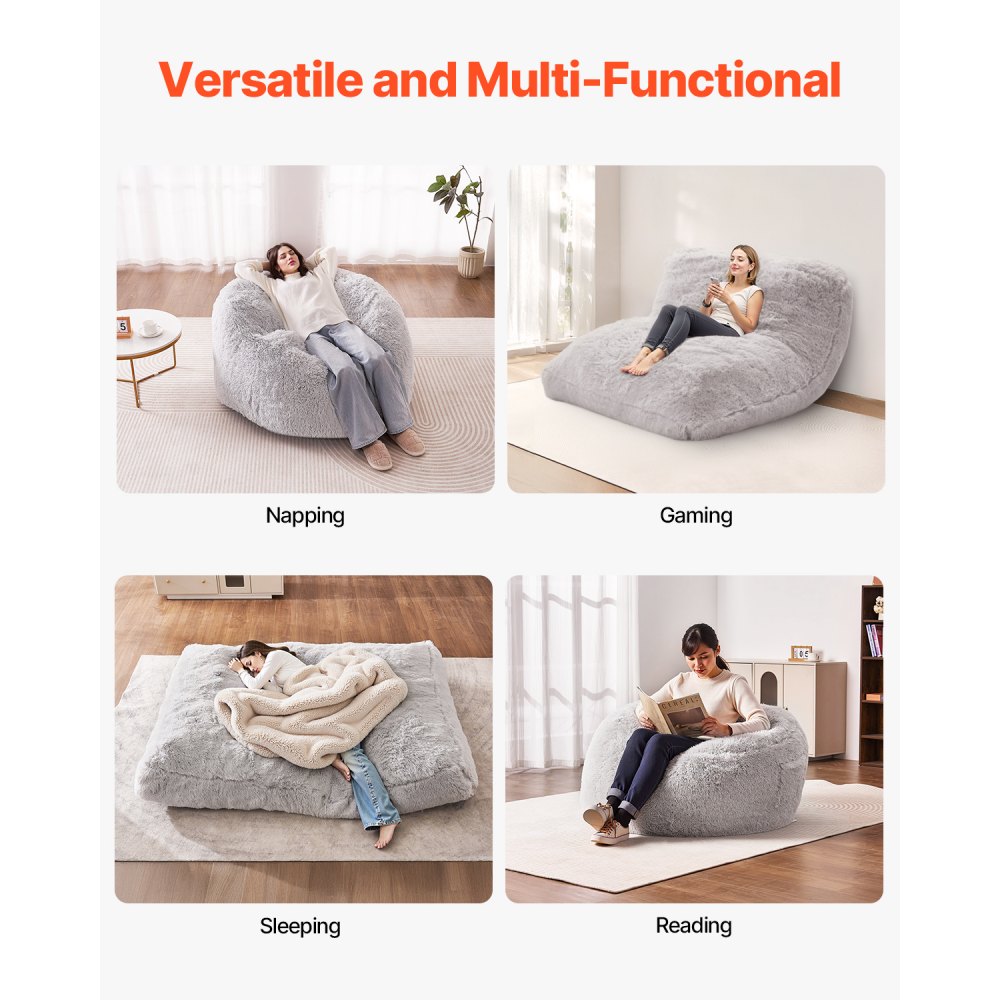 VEVOR Bean Bag Bed Chair, Convertible Chair from BeanBag to Lounge or Mattress, Gaint Bean Bag Chair Bed with Washable Cover for Adults, Fluffy Plush, Foam Filling and Side Pocket, Grey(Queen Size)