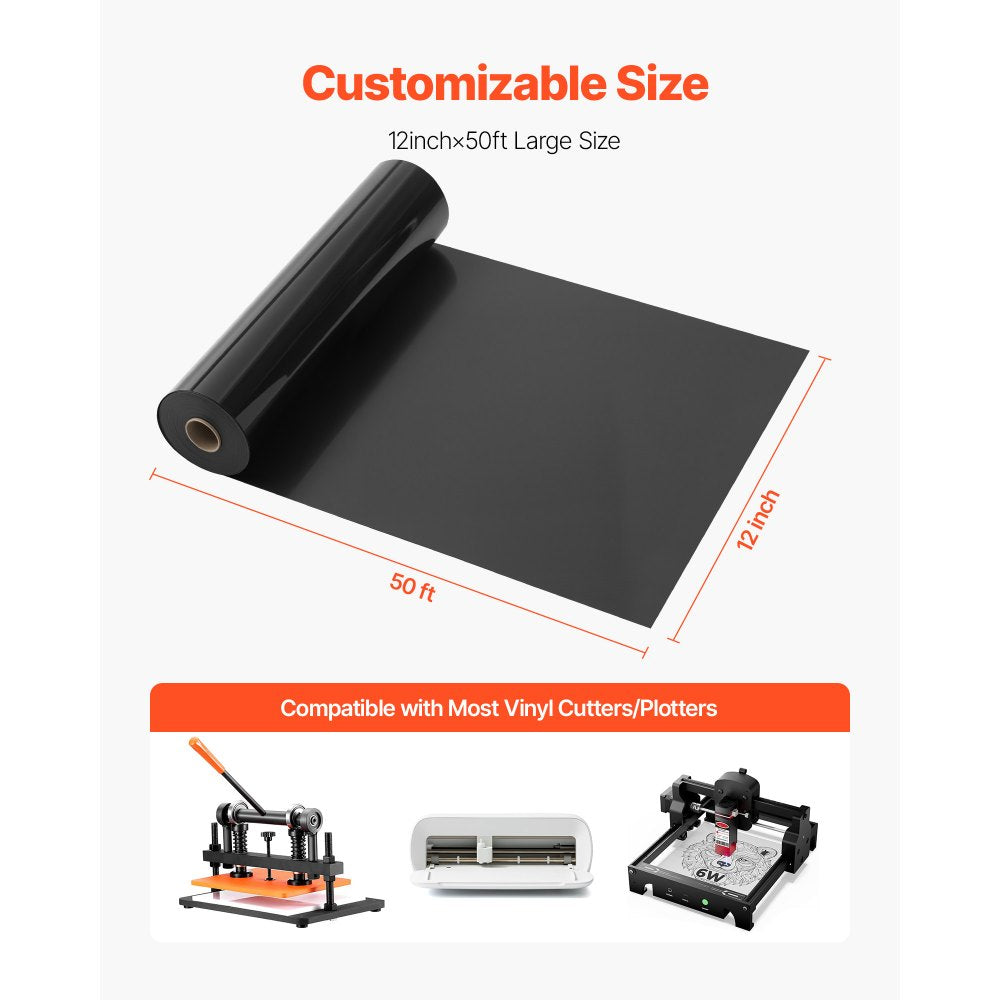 VEVOR Heat Transfer Vinyl, 12 in x 50 ft, Glossy Black HTV Iron on Vinyl Roll, Easy to Cut and Weed, Strong Adhesion, Compatible with Cutting Machines, for Various Materials, T-shirts, Pillows, Hats