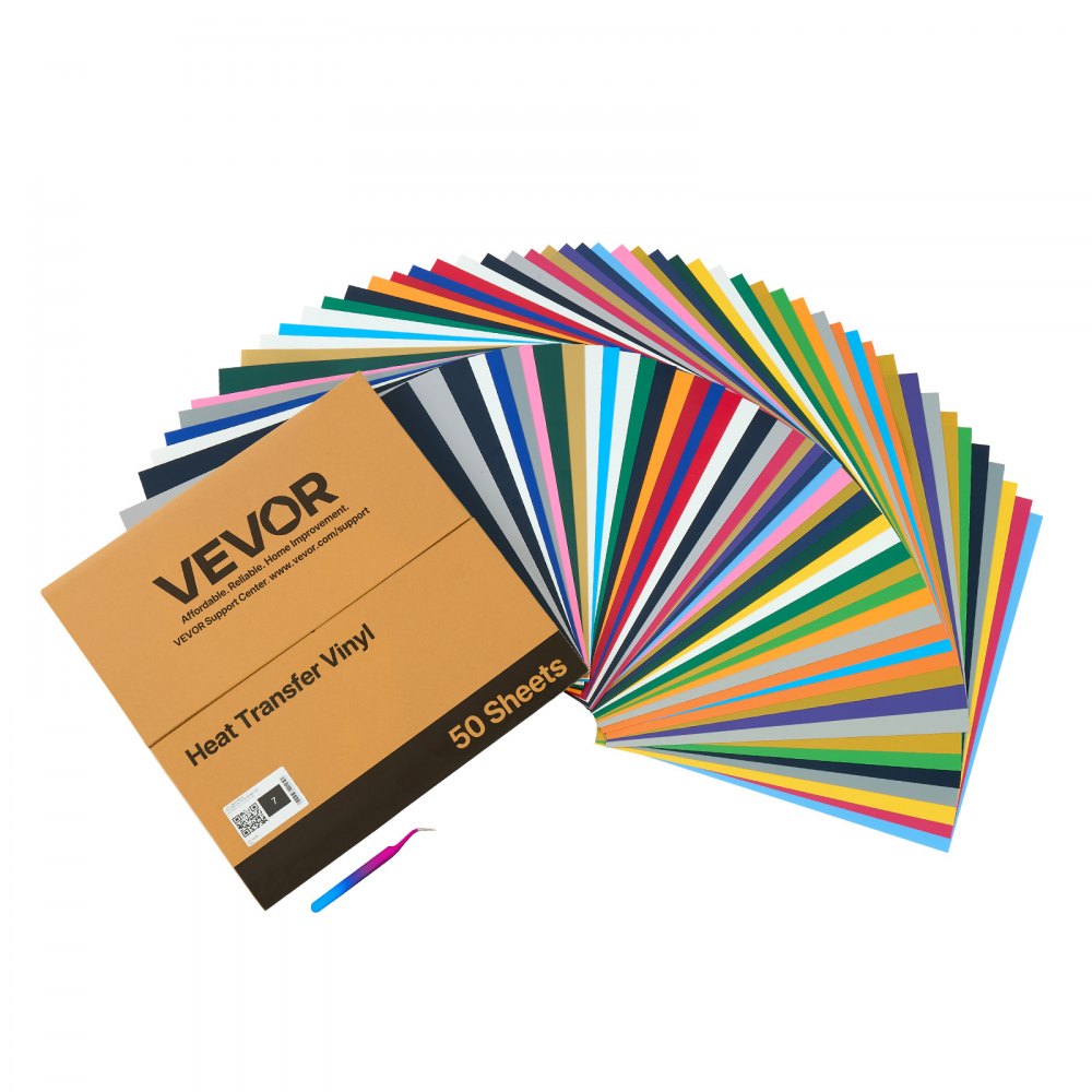 VEVOR Heat Transfer Vinyl, 50 Pack, 12 x 12 in, Assorted Colors HTV Iron on Vinyl Bundle, Easy to Cut and Weed, with Accessories, Compatible with Cutting Machines, for Various Materials, T-shirts