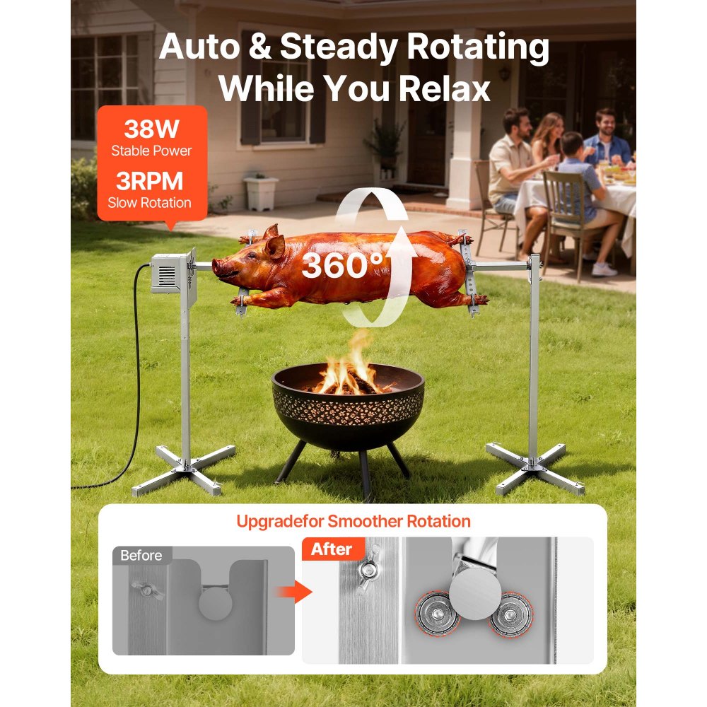 VEVOR Rotisserie Grill, AC120V 8 Level Height Electric Rotisserie Grill Kit, BBQ Grills Rotisseries Kit with 88 lbs Load Capacity, 38W Motor, Stainless Steel Automatic Grilling Kits for Parties