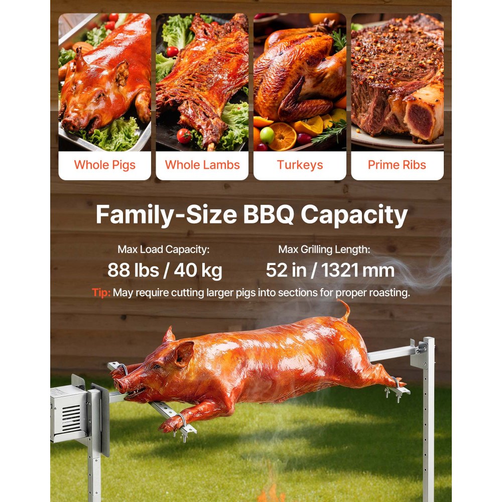 VEVOR Rotisserie Grill, AC120V 8 Level Height Electric Rotisserie Grill Kit, BBQ Grills Rotisseries Kit with 88 lbs Load Capacity, 38W Motor, Stainless Steel Automatic Grilling Kits for Parties