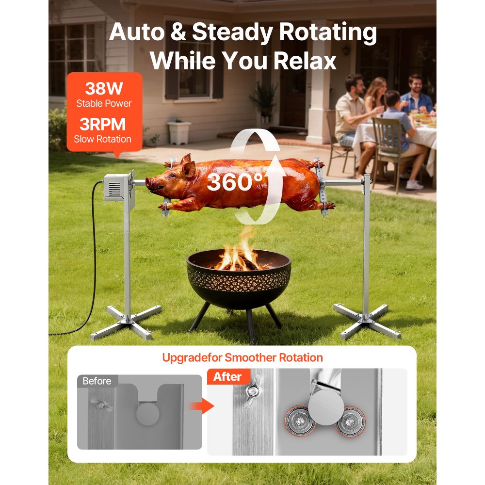 VEVOR Rotisserie Grill, AC120V 8 Level Height Electric Rotisserie Grill Kit, BBQ Grills Rotisseries Kit with 132 lbs Load Capacity, 38W Motor, Stainless Steel Automatic Grilling Kits for Parties