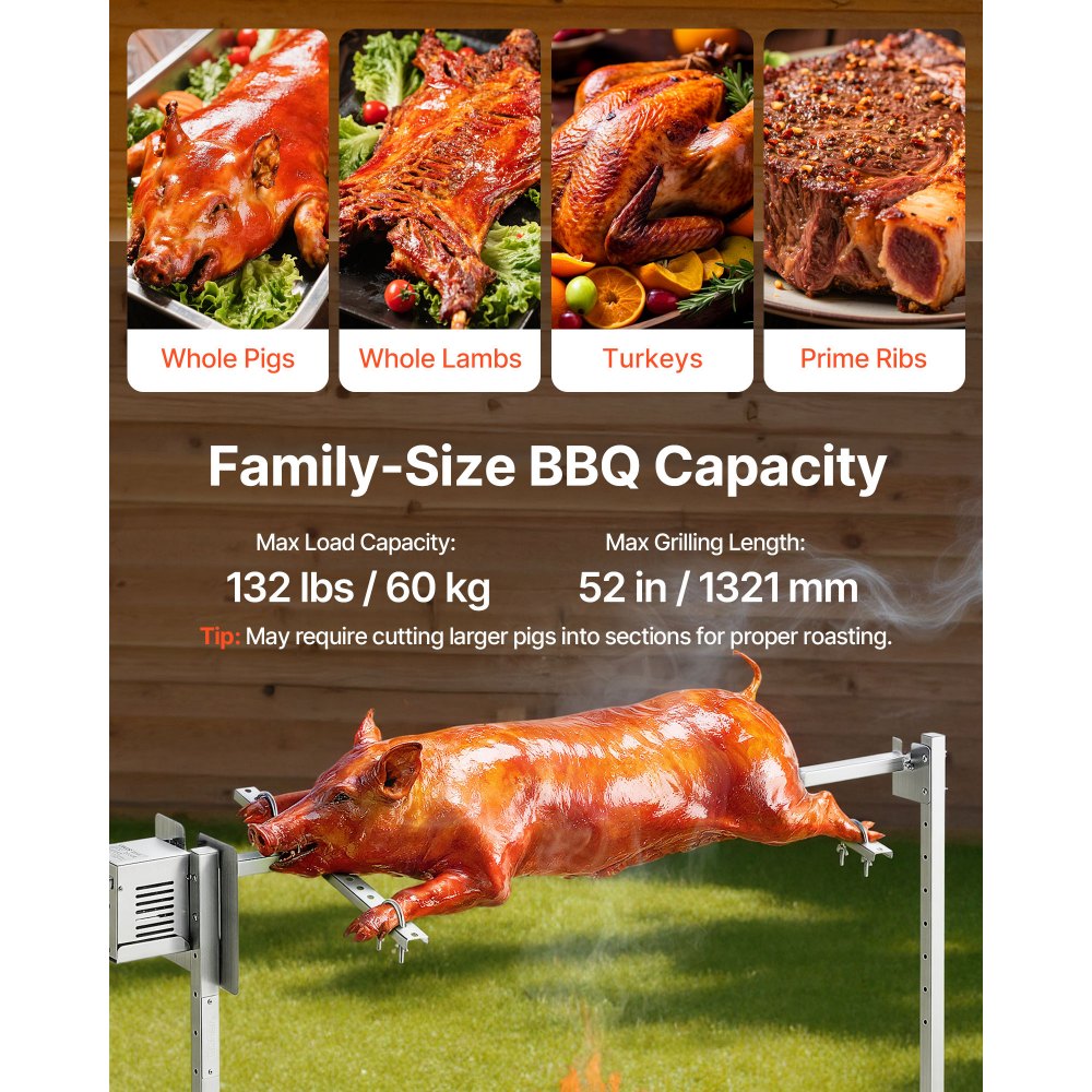 VEVOR Rotisserie Grill AC120V 8 Level Height Electric Rotisserie Grill Kit, BBQ Grills Rotisseries Kit with 132 lbs Load Capacity, 38W Motor, Stainless Steel Automatic Grilling Kits for Parties