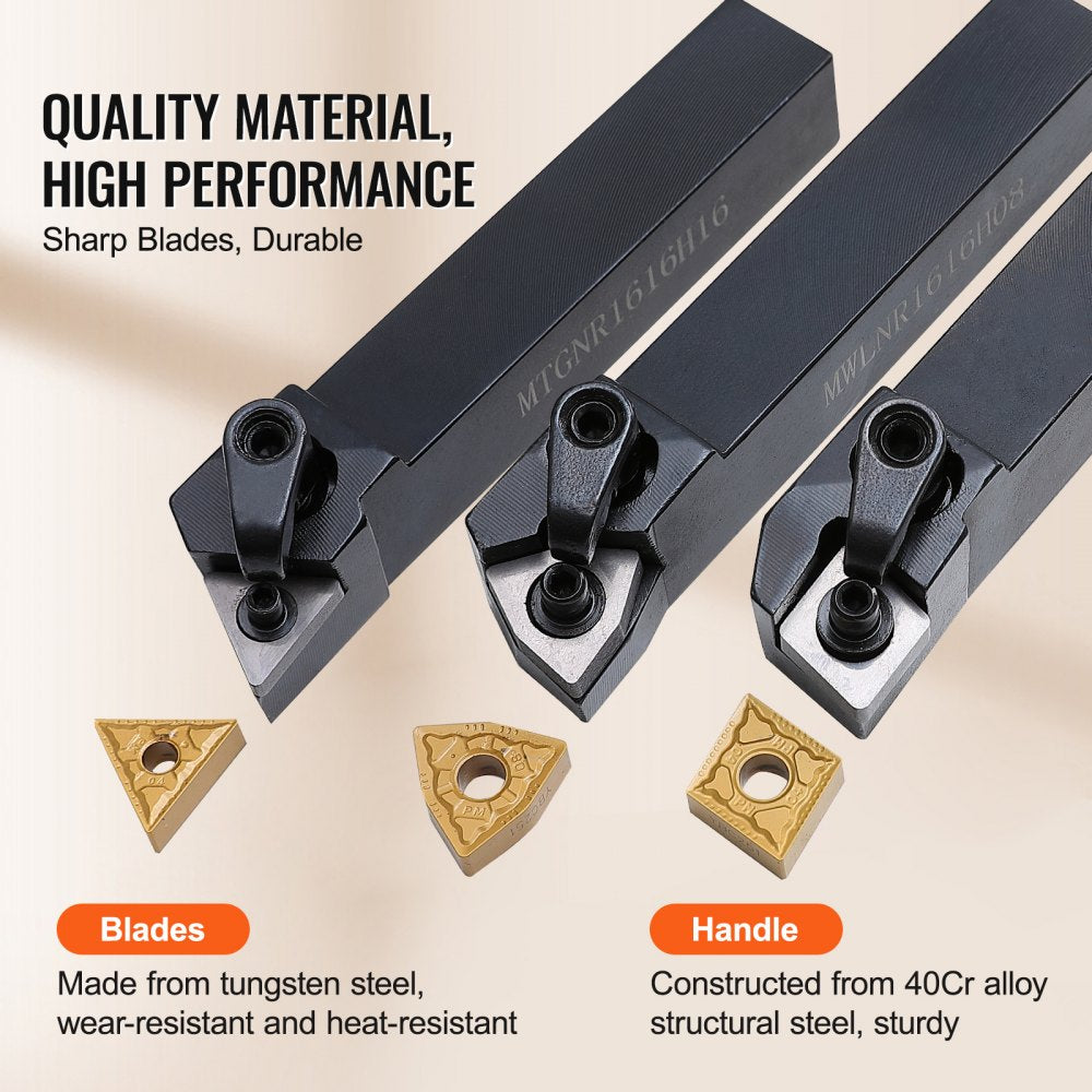 VEVOR 3 Pieces Indexable Lathe Turning Tool Holder, 5/8 in, CNC Heavy-Duty Metal Lathe Cutting Tools, with Tin Coated Carbide Inserts Aluminum Case, for Turning Grooving Threading Cut Off Holders Set