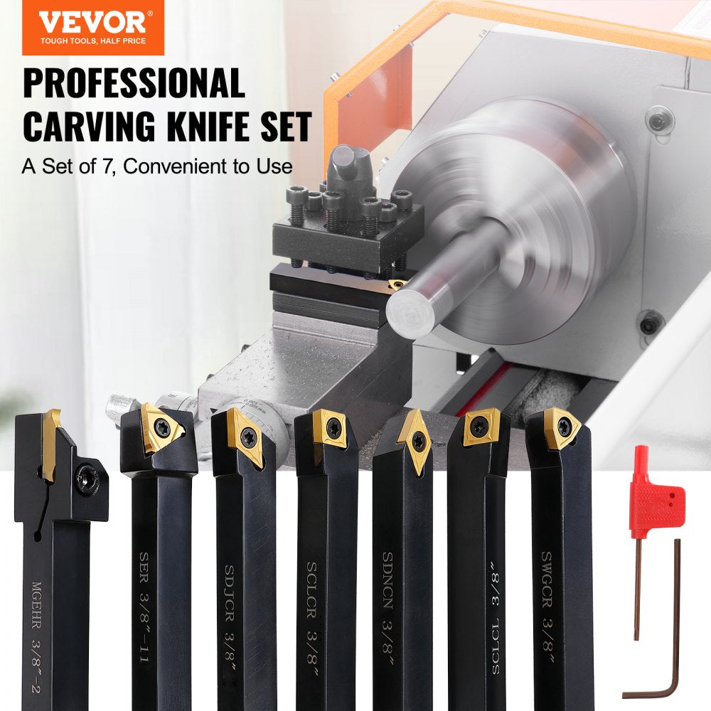 VEVOR 7 Pieces Indexable Lathe Turning Tool Holder, 3/8 in, CNC Heavy-Duty Metal Lathe Cutting Tools, with Tin Coated Carbide Inserts Aluminum Case, for Turning Grooving Threading Cut Off Holders Se