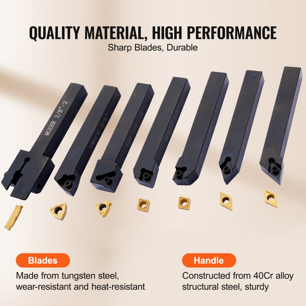 VEVOR 7 Pieces Indexable Lathe Turning Tool Holder, 3/8 in, CNC Heavy-Duty Metal Lathe Cutting Tools, with Tin Coated Carbide Inserts Aluminum Case, for Turning Grooving Threading Cut Off Holders Se