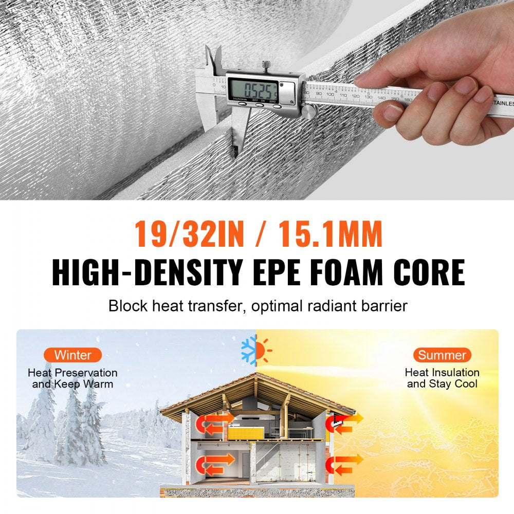 VEVOR Double Reflective Insulation Roll, Foam Core Radiant Barrier, 15.1mm 48 in x 25 ft, Double-Sided Aluminum Foil EPE Foam Heat Reflective Shield, Thermal Insulation Roll for Window RV Roof