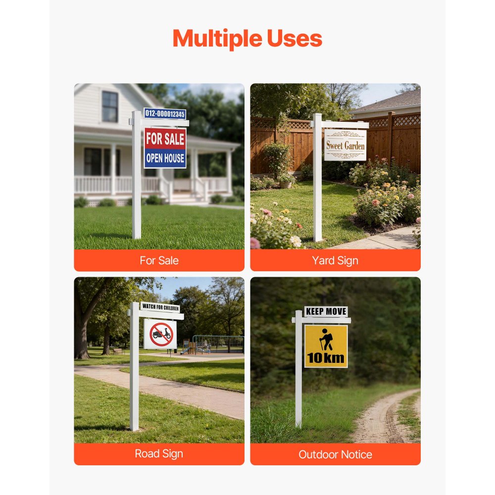 VEVOR Real Estate Sign Post, 6 ft Tall, PVC Realtor Yard Sign Holder with 36 in Arm Holds up to 24 in, Easy to Install, Wind-Resistant, for Open House and Home, Yard, Road, Outdoor, White (No Signs)