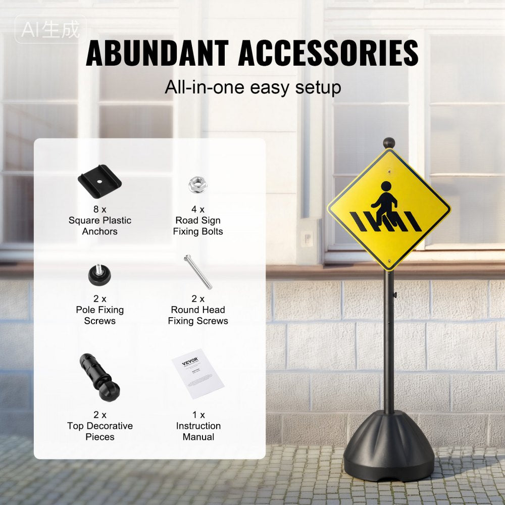 VEVOR Portable Sign Post 2-Pack 5 ft Sign Stands with Hard Plastic Base, for No Parking Street Signs, Handicap Parking Sign, Movable Sign Stand with Wheels, Hardwares, Heavy-Duty Q235 Steel, Black