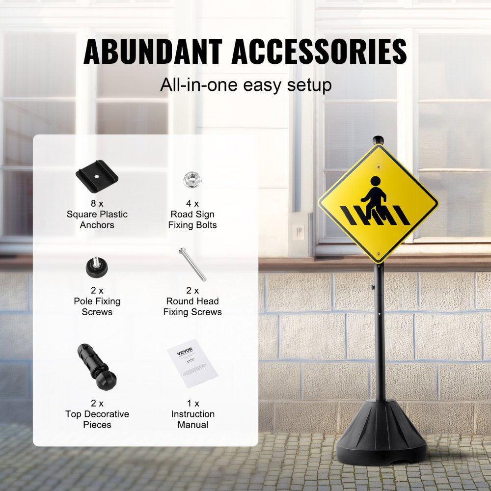 VEVOR Portable Sign Post, 5 ft Cast Iron Sign Post Holder with Hard Plastic Base & Wheels,  Movable Parking Sign Stand for No Parking Street Signs, Handicap Parking Sign,  with Base, Bolts Nuts, Black