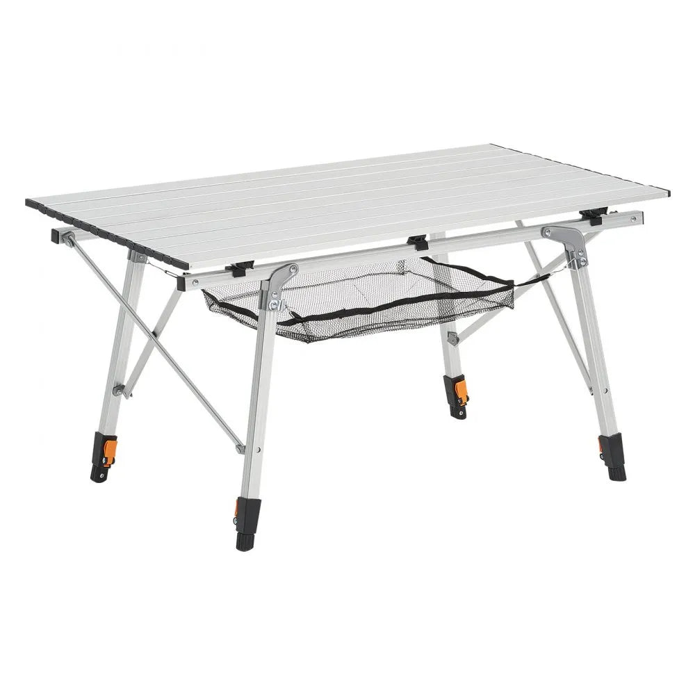 VEVOR Folding Camping Table, Portable Roll Up Side Tables, Lightweight Aluminum Beach Table with Adjustable Height, Top Mesh Layer and Carry Bag, For Outdoor BBQ Tailgating Picnic, Travel, Silver