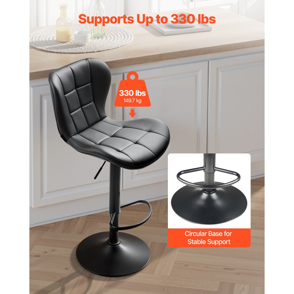 VEVOR Bar Stool Set of 2, Modern PU Leather Counter Height Stools, Swivel Kitchen Barstool with Back and Footrest, Height Adjustable Armless Bar Chair, Island Barstools for Kitchen, Dining Room, Black