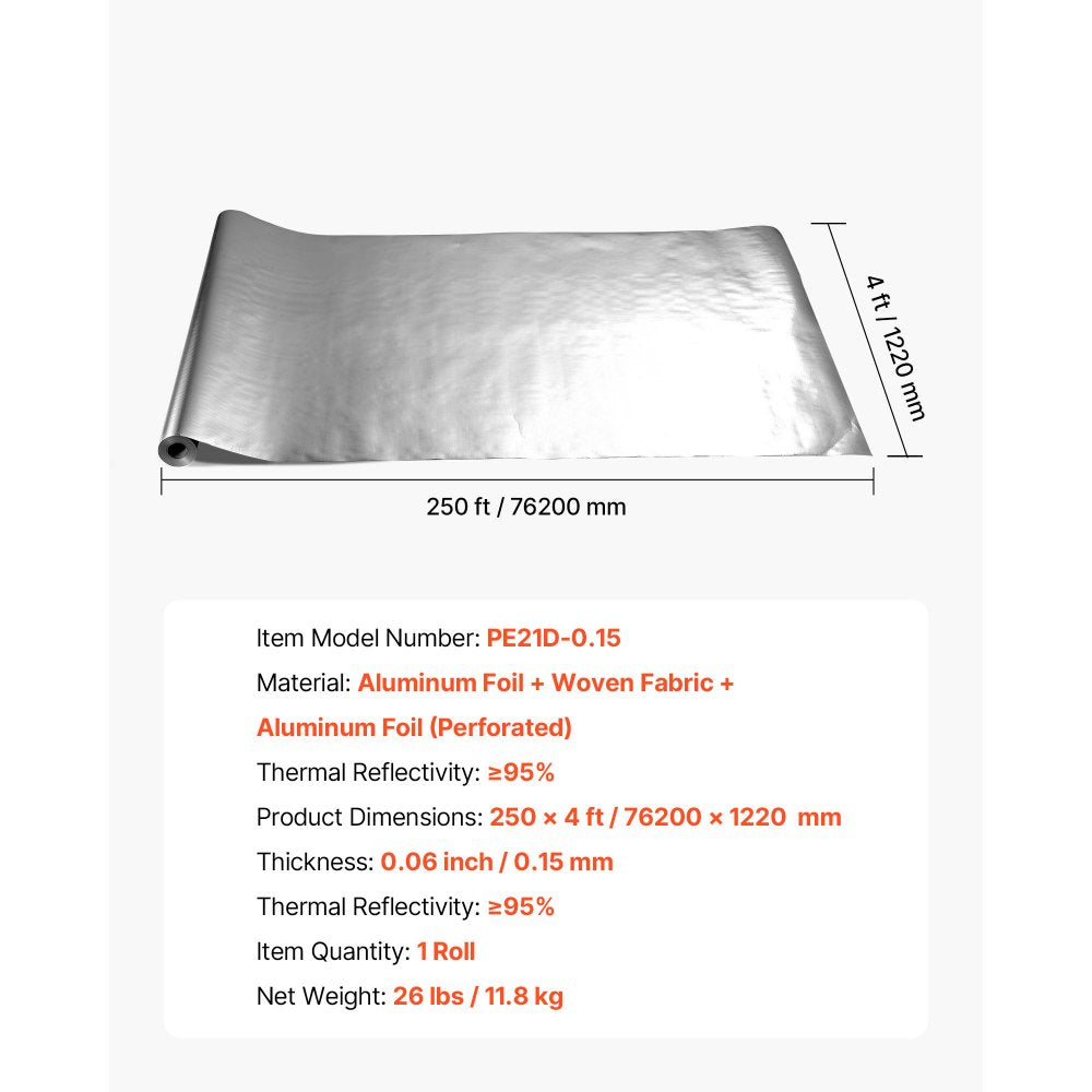VEVOR Double Reflective Insulation Roll, Perforated Woven Fabric Radiant Barrier, 0.15mm 48 in x 250 ft, Double-Sided Aluminum Foil Heat Reflective Shield, Thermal Insulation Roll for Window RV Roof