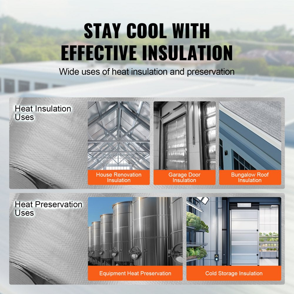 VEVOR Double Reflective Insulation Roll, Woven Fabric Radiant Barrier, 6.5 Mil 48 in x 250 ft, Aluminum Foil PE Woven Cloth Heat Reflective Shield, Thermal Insulation Roll for Window RV Roof