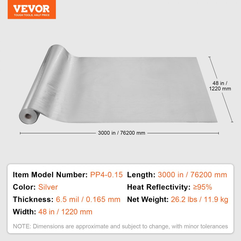VEVOR Double Reflective Insulation Roll, Woven Fabric Radiant Barrier, 6.5 Mil 48 in x 250 ft, Aluminum Foil PE Woven Cloth Heat Reflective Shield, Thermal Insulation Roll for Window RV Roof