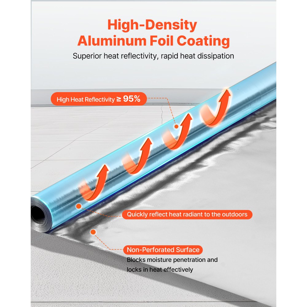 VEVOR Double Reflective Insulation Roll, Non-Perforated Woven Fabric Radiant Barrier, 0.15mm 48 in x 125 ft, Double-Sided Aluminum Foil Heat Reflective Shield, Thermal Insulation Roll for Window Roofs