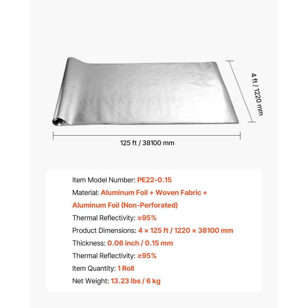 VEVOR Double Reflective Insulation Roll, Non-Perforated Woven Fabric Radiant Barrier, 0.15mm 48 in x 125 ft, Double-Sided Aluminum Foil Heat Reflective Shield, Thermal Insulation Roll for Window Roofs