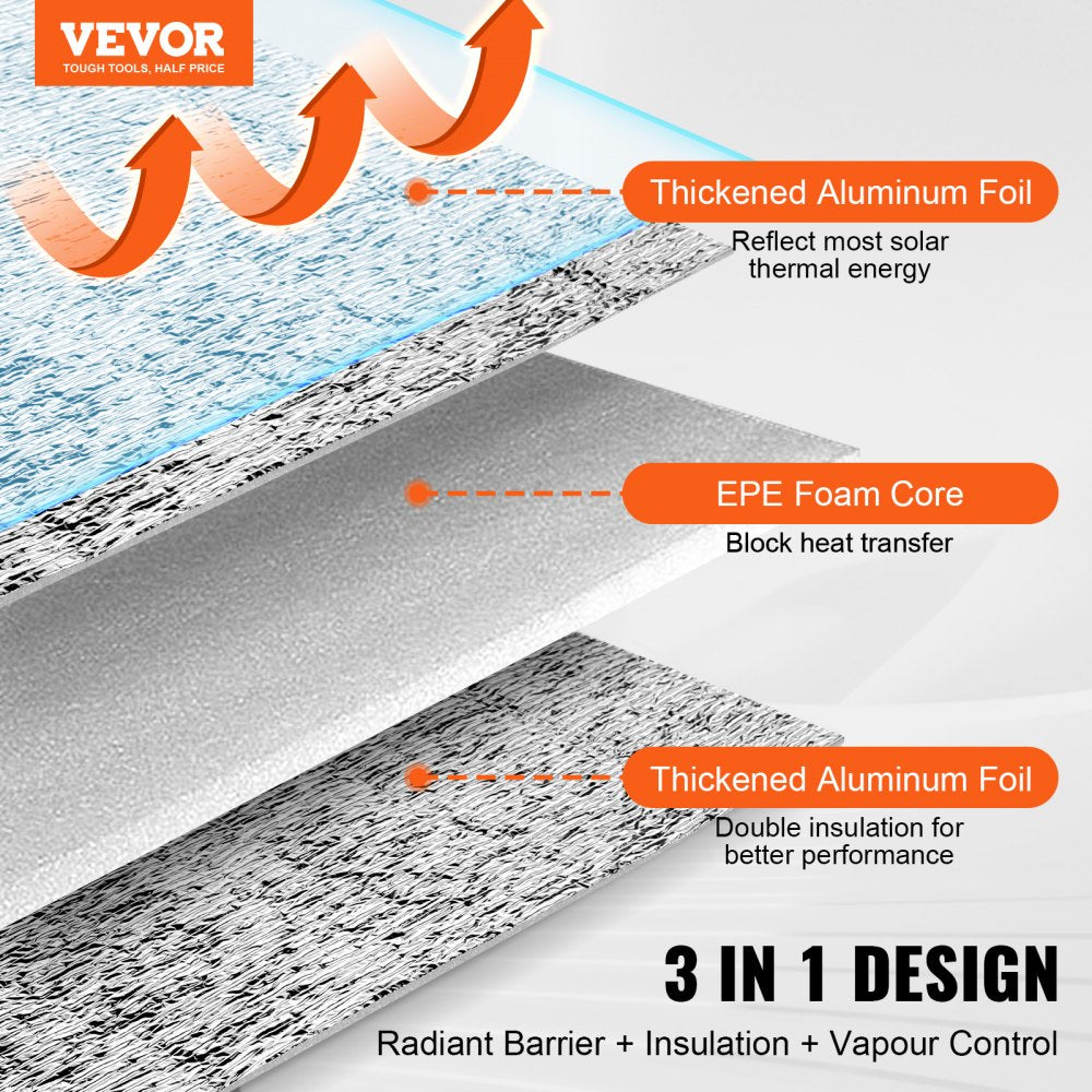 VEVOR Double Reflective Insulation Roll, Foam Core Radiant Barrier, 3.2 mm 24 in x 25 ft, Double-Sided Aluminum Foil EPE Foam Heat Reflective Shield, Thermal Insulation Roll for Window RV Roof
