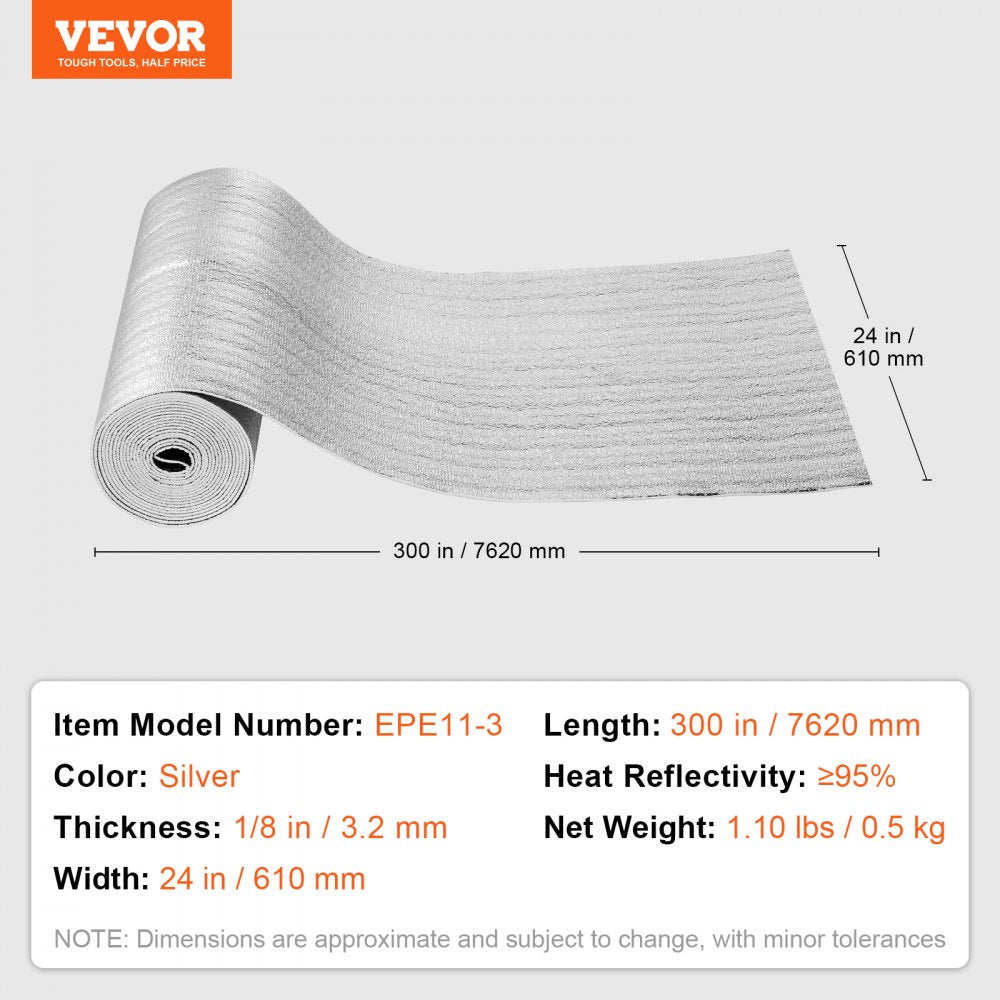 VEVOR Double Reflective Insulation Roll, Foam Core Radiant Barrier, 3.2 mm 24 in x 25 ft, Double-Sided Aluminum Foil EPE Foam Heat Reflective Shield, Thermal Insulation Roll for Window RV Roof