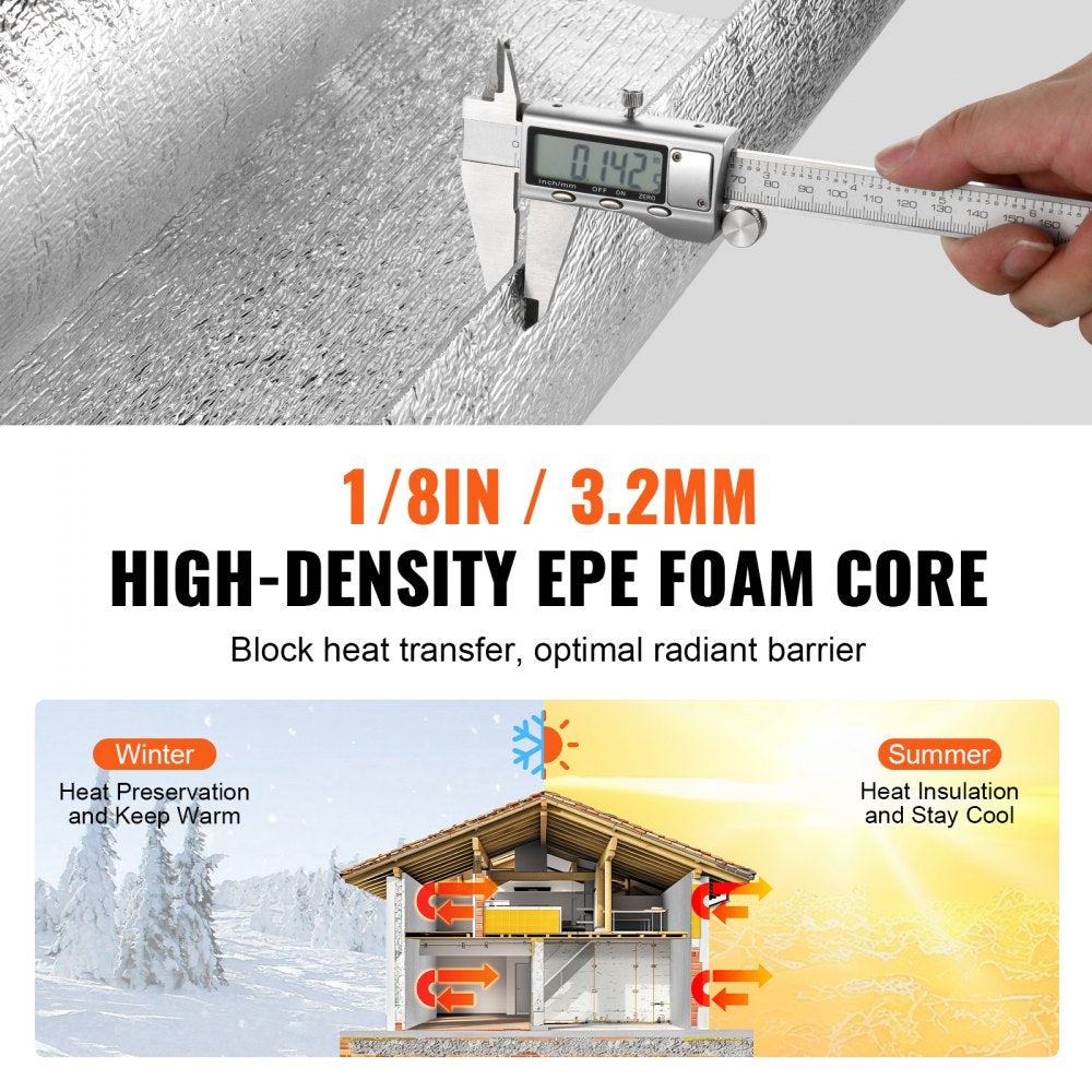VEVOR Double Reflective Insulation Roll, Foam Core Radiant Barrier, 3.2 mm 23.8 in x 50 ft, Double-Sided Aluminum Foil EPE Foam Heat Reflective Shield, Thermal Insulation Roll for Window RV Roof