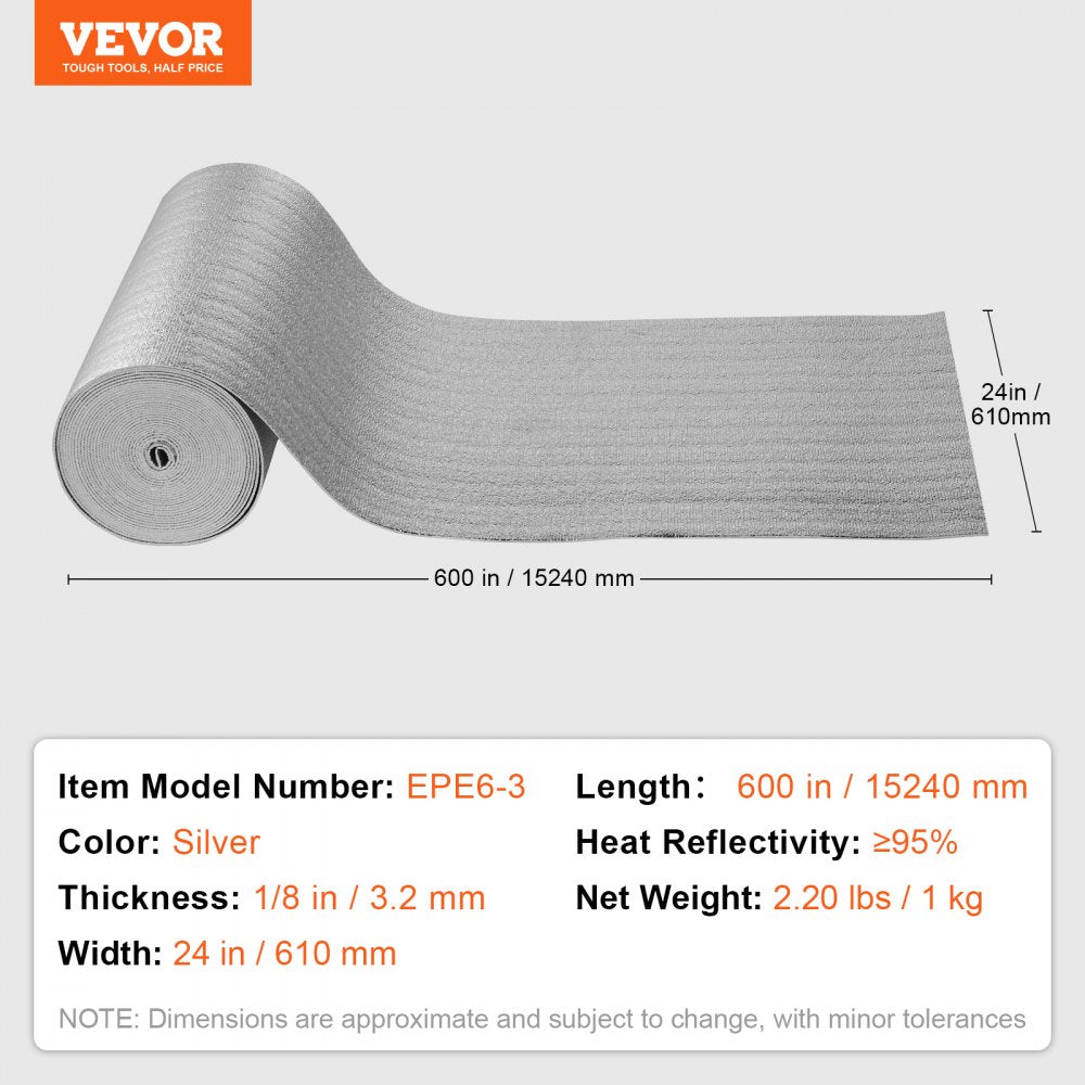 VEVOR Double Reflective Insulation Roll, Foam Core Radiant Barrier, 3.2 mm 23.8 in x 50 ft, Double-Sided Aluminum Foil EPE Foam Heat Reflective Shield, Thermal Insulation Roll for Window RV Roof