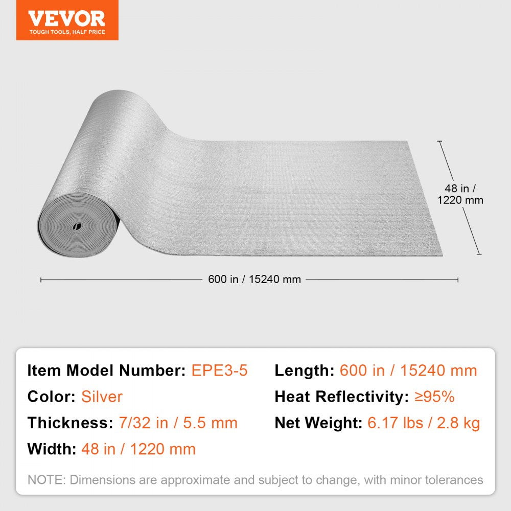 VEVOR Double Reflective Insulation Roll, Foam Core Radiant Barrier, 5.5mm 48 in x 50 ft, Double-Sided Aluminum Foil EPE Foam Heat Reflective Shield, Thermal Insulation Roll for Window RV Roof