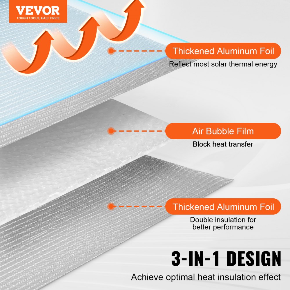 VEVOR Double Reflective Insulation Roll, Air Bubble Film Radiant Barrier, 3.2 mm 48 in x 10 ft, Double-Sided Aluminum Foil Bubble Heat Reflective Shield, Thermal Insulation Roll for Window RV Roof