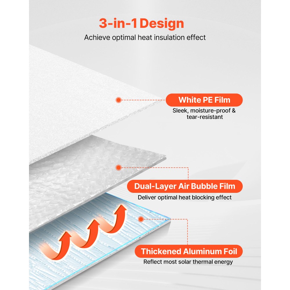 VEVOR Reflective Insulation Roll, Double-Layer Air Bubble Radiant Barrier, 6mm 48 in x 100 ft, Aluminum Foil White PE Film Heat Reflective Shield, Thermal Insulation Roll for Garage Door Window RV Roofs
