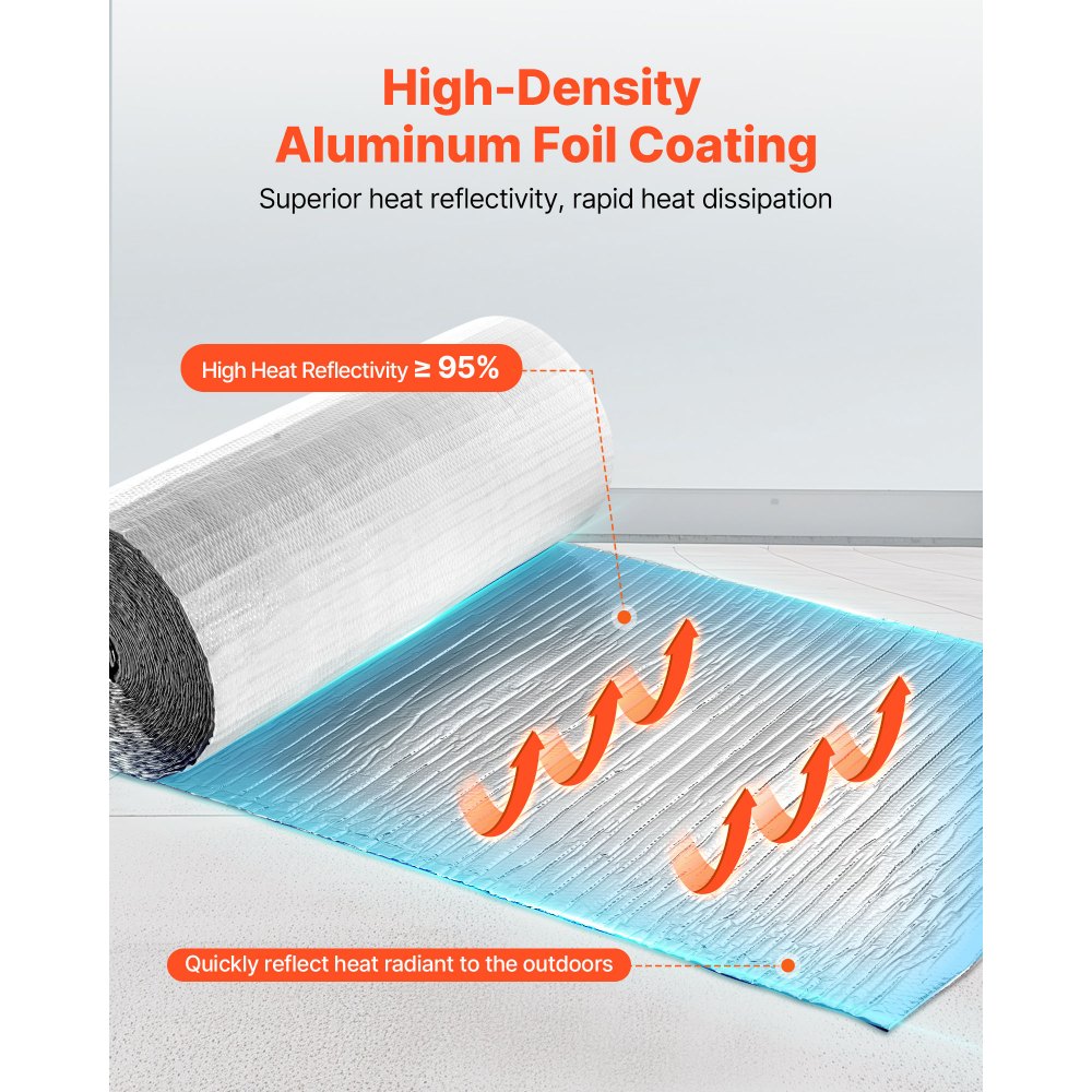 VEVOR Reflective Insulation Roll, Double-Layer Air Bubble Radiant Barrier, 6mm 48 in x 100 ft, Aluminum Foil White PE Film Heat Reflective Shield, Thermal Insulation Roll for Garage Door Window RV Roofs