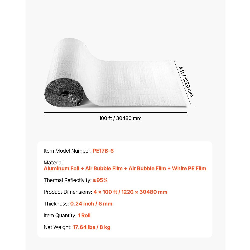 VEVOR Reflective Insulation Roll, Double-Layer Air Bubble Radiant Barrier, 6mm 48 in x 100 ft, Aluminum Foil White PE Film Heat Reflective Shield, Thermal Insulation Roll for Garage Door Window RV Roofs