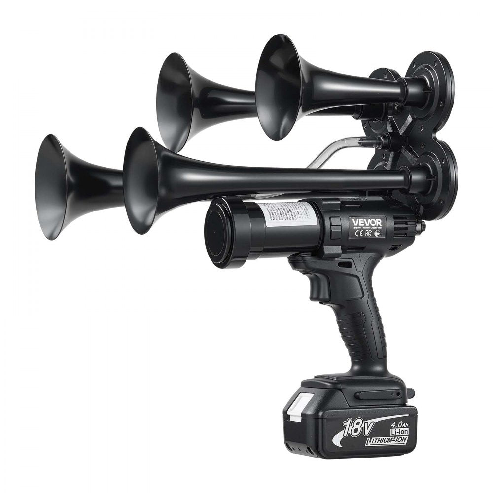 VEVOR Cordless 4-Trumpet Air Horn 130dB Train Air Horn & Built-in Air Pump, 18V 4Ah Lithium Battery, Powerful Sound, Strong Penetration, Handheld Portable for Vehicle Alerts, Holiday & Sporting Events