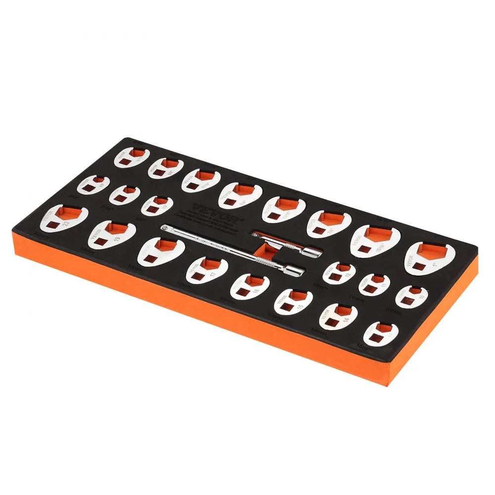 VEVOR 3/8" Drive Crowfoot Wrench Set with 2 Extension Bars, 24-Piece Crows Foot Wrench Set, SAE  3/8"-1" and Metric 10-22 mm, CR-MO Steel Crowfoot Wrench Set, with EVA Tool Organizer