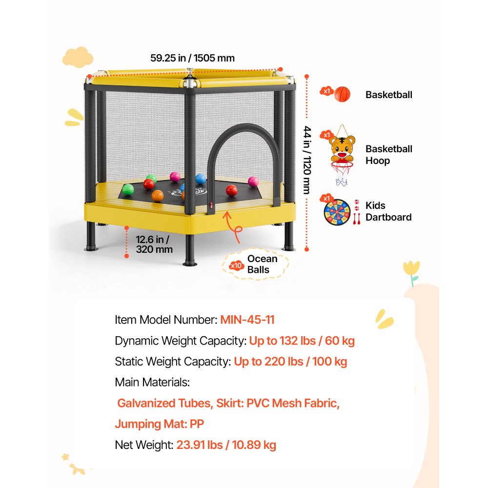 VEVOR Trampoline for Kids, Toddler Mini Trampoline, 132 lbs Capacity Indoor Outdoor Play Toys with Enclosure Net and Basketball Hoop, Easy to Assemble, Christmas Toys Birthday Gifts for Girls Boys