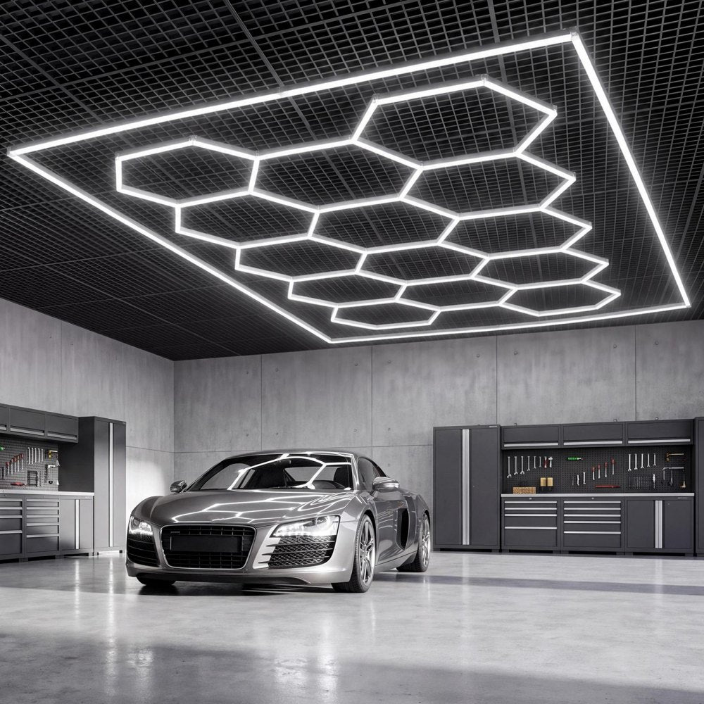 VEVOR Hexagon Garage Lights 720W 86400LM 6500K 14 Grid Systems LED Light, Bright Honeycomb Hex Car Detailing Lighting, with Rectangle Frame, Easy Install, for Garage, Warehouse, Workshop, Shop, Gym