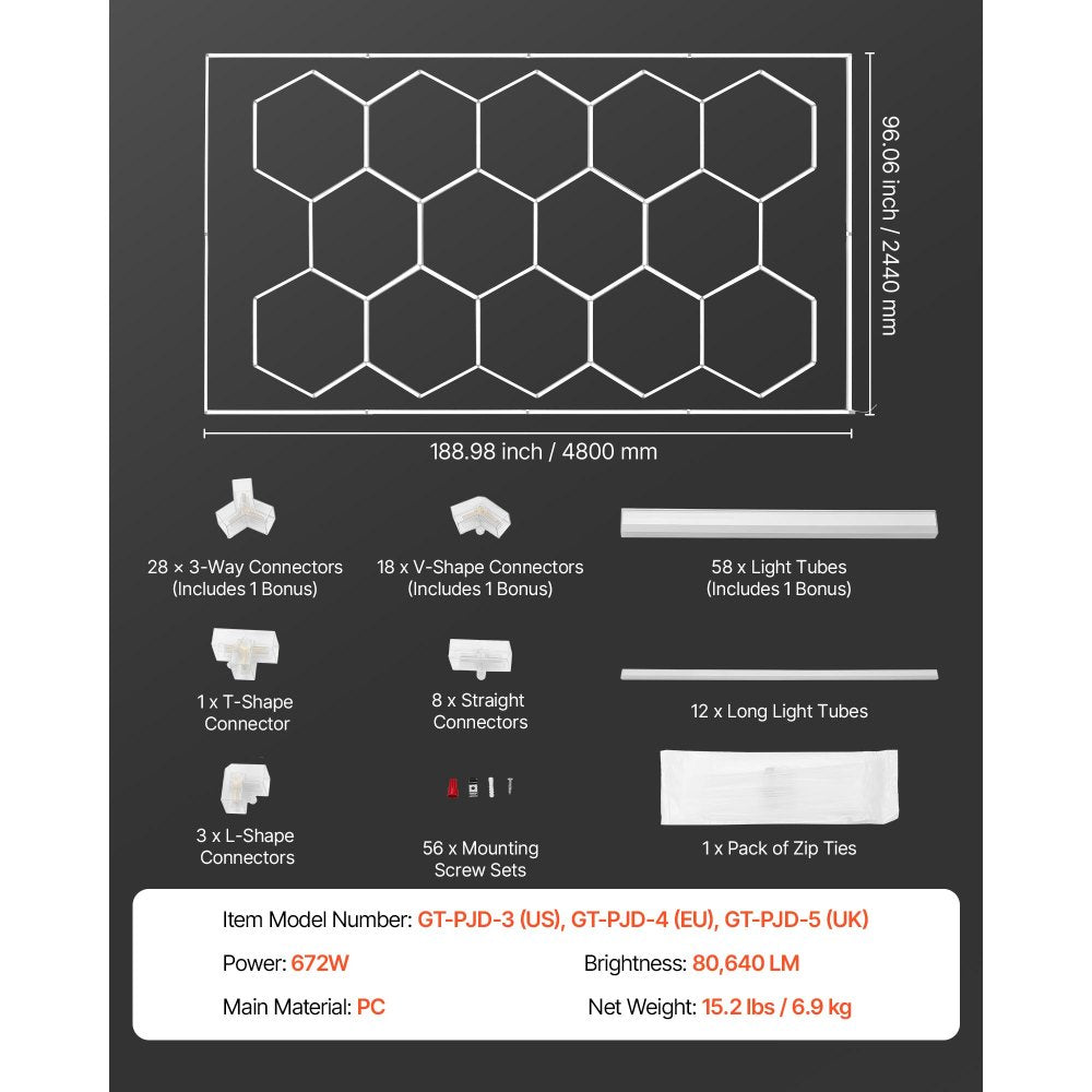 VEVOR Hexagon Garage Lights 672W 80640LM 6500K 14 Grid Systems LED Light, Bright Honeycomb Hex Car Detailing Lighting, with Rectangle Frame, Easy Install, for Garage, Warehouse, Workshop, Shop, Gym