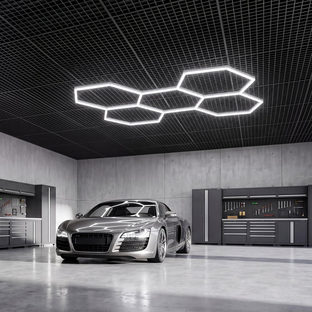 VEVOR Hexagon Garage Lights 240W 28800LM 6500K 5 Grid Systems LED Light, Bright Honeycomb Hex Car Detailing Lighting, Easy Install, Durable PC Material, for Garage, Warehouse, Workshop, Shop, Gym