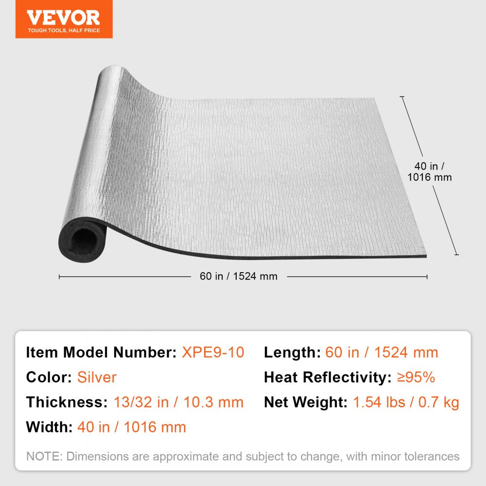VEVOR Reflective Insulation Roll, XPE Foam Core Radiant Barrier, 10.3 mm 40 in x 5 ft, Aluminum Foil Foam Core Heat Reflective Shield, Thermal Insulation Roll for Garage Door Window RV Roof