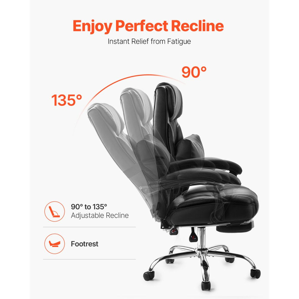 VEVOR Executive Office Chair with Footrest, 300lb Capacity Office Chair with Lumbar Pillow, Height Adjustable Ergonomic Chair, PU Leather Reclining Home Office Desk Chairs, Black