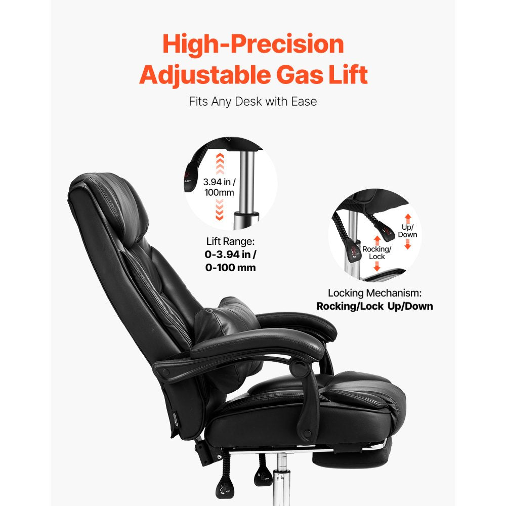 VEVOR Executive Office Chair with Footrest, 300lb Capacity Office Chair with Lumbar Pillow, Height Adjustable Ergonomic Chair, PU Leather Reclining Home Office Desk Chairs, Black