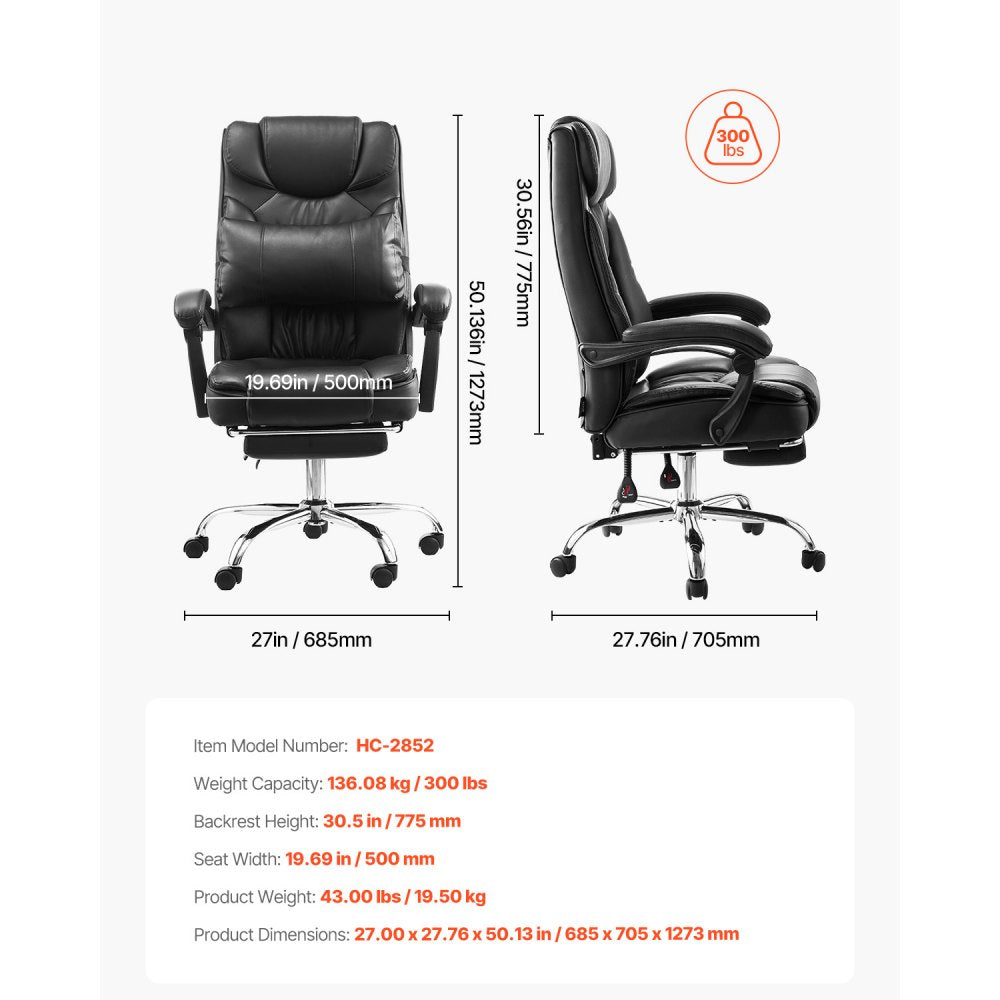 VEVOR Executive Office Chair with Footrest, 300lb Capacity Office Chair with Lumbar Pillow, Height Adjustable Ergonomic Chair, PU Leather Reclining Home Office Desk Chairs, Black