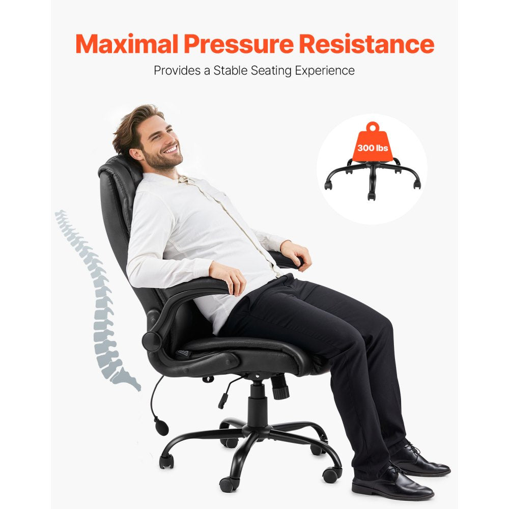 VEVOR Executive Office Chair with Lumbar Support, 300lb Capacity Office Chair with Flip-up Armrests & Lumbar Pillow, Height Adjustable Ergonomic Chair, PU Leather Reclining Home Office Desk Chairs